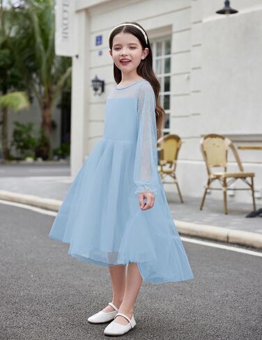 Arshiner Girls Dresses Contrast Mesh Long Sleeve Twirly High Low Birthday Party Formal Dress in Saudi Arabia