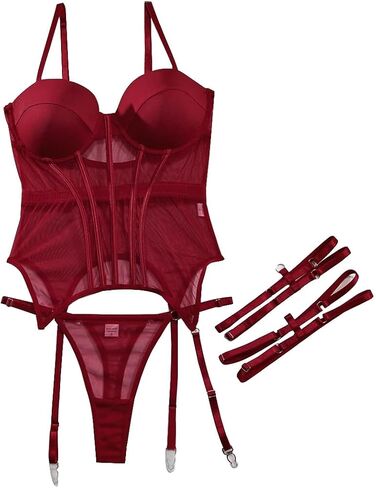 Lilosy Sexy Strappy Garter Belt Underwire Push Up Mesh Sheer Babydoll Lingerie Women Teddy Bodysuit Corset Bustier Chemise Nightgown Nightshirt See Through 2 Piece Burgundy Red Medium in Saudi Arabia