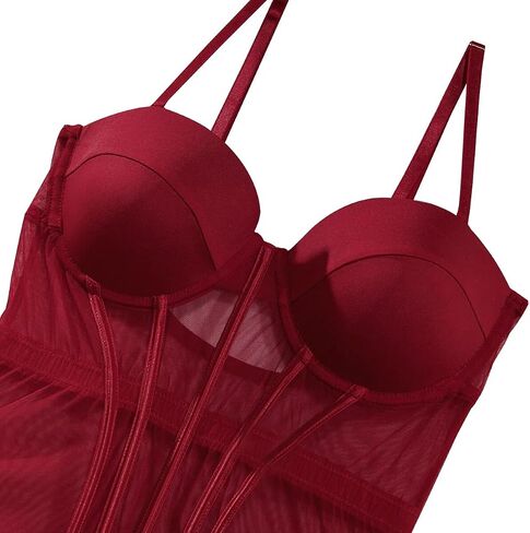Lilosy Sexy Strappy Garter Belt Underwire Push Up Mesh Sheer Babydoll Lingerie Women Teddy Bodysuit Corset Bustier Chemise Nightgown Nightshirt See Through 2 Piece Burgundy Red Medium in Saudi Arabia
