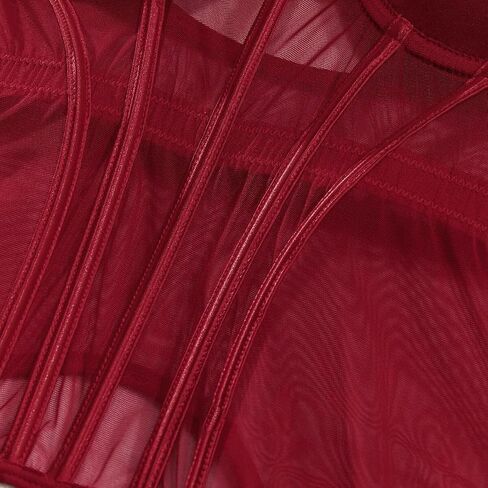 Lilosy Sexy Strappy Garter Belt Underwire Push Up Mesh Sheer Babydoll Lingerie Women Teddy Bodysuit Corset Bustier Chemise Nightgown Nightshirt See Through 2 Piece Burgundy Red Medium in Saudi Arabia