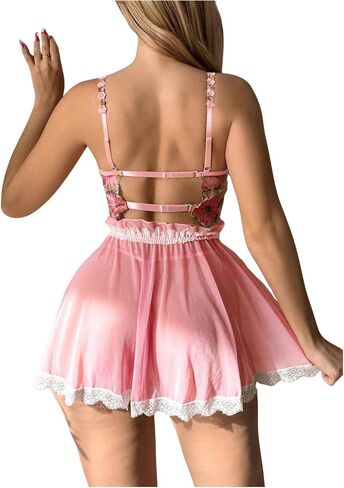 WDIRARA Women's Floral Embroidery Bow Sheer Mesh Split Cut Out Babydoll Lingerie Set Dress in Saudi Arabia