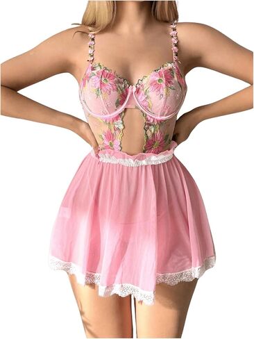 WDIRARA Women's Floral Embroidery Bow Sheer Mesh Split Cut Out Babydoll Lingerie Set Dress in Saudi Arabia
