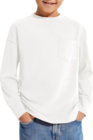 Haloumoning Boys Long Sleeve Shirts Kids Fashion Crewneck Side Slit Tops Tees with Pocket 5-14 Years in Saudi Arabia