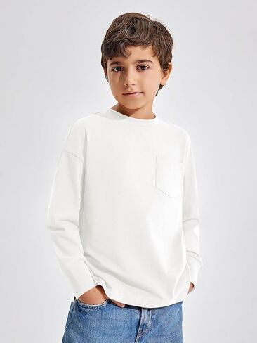 Haloumoning Boys Long Sleeve Shirts Kids Fashion Crewneck Side Slit Tops Tees with Pocket 5-14 Years in Saudi Arabia
