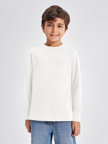 Haloumoning Boys Long Sleeve Shirts Kids Fashion Crewneck Side Slit Tops Tees with Pocket 5-14 Years in Saudi Arabia
