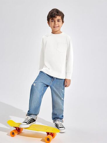 Haloumoning Boys Long Sleeve Shirts Kids Fashion Crewneck Side Slit Tops Tees with Pocket 5-14 Years in Saudi Arabia
