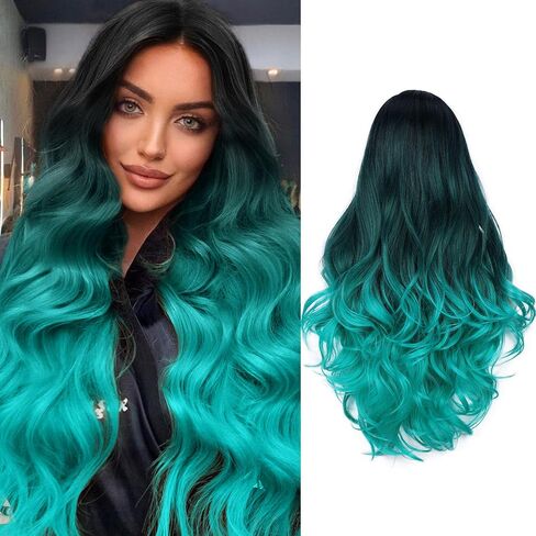 WIGER Long Blue Wavy Wigs for Women Ombre Blue Body Wave Mermaid Hair Wigs Long Curly Synthetic Hair for Daily or Cosplay in Saudi Arabia