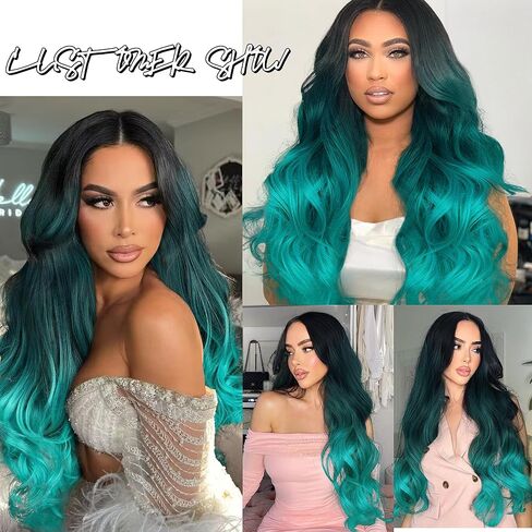 WIGER Long Blue Wavy Wigs for Women Ombre Blue Body Wave Mermaid Hair Wigs Long Curly Synthetic Hair for Daily or Cosplay in Saudi Arabia