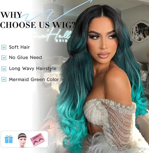 WIGER Long Blue Wavy Wigs for Women Ombre Blue Body Wave Mermaid Hair Wigs Long Curly Synthetic Hair for Daily or Cosplay in Saudi Arabia