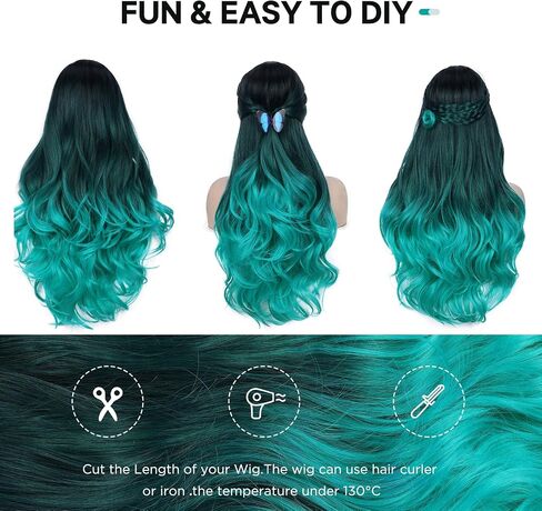 WIGER Long Blue Wavy Wigs for Women Ombre Blue Body Wave Mermaid Hair Wigs Long Curly Synthetic Hair for Daily or Cosplay in Saudi Arabia