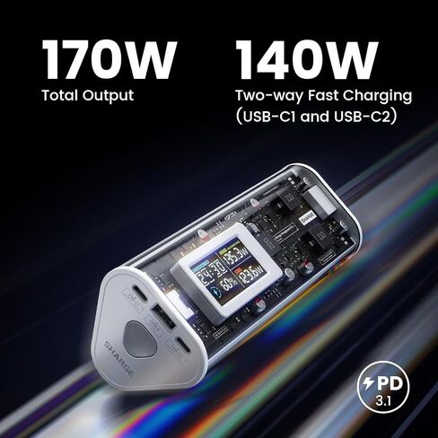SHARGEEK 170 Power Bank, 170W Output 24,000mAh Portable Charger with IPS Smart Screen Display, IP66 Waterproof with 3 Port Compatible with iPhone 15/14/13 Series, Samsung, MacBook, and More in Saudi Arabia