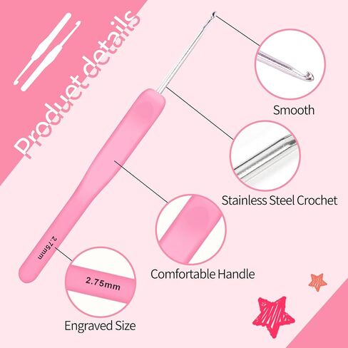 مجموعة خطافات كروشيه بيسوما 10 قطع مع حقيبة، مجموعة خطافات كروشيه مريحة باللون الوردي للمبتدئين، قبضة ناعمة، إبر طويلة جدًا، طقم كروشيه مع مقص خيط للحياكة والخياطة، مقاس 8 (1.0-2.75 مم) in Kuwait