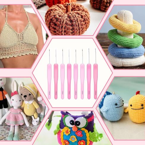 مجموعة خطافات كروشيه بيسوما 10 قطع مع حقيبة، مجموعة خطافات كروشيه مريحة باللون الوردي للمبتدئين، قبضة ناعمة، إبر طويلة جدًا، طقم كروشيه مع مقص خيط للحياكة والخياطة، مقاس 8 (1.0-2.75 مم) in Kuwait