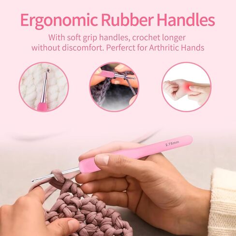مجموعة خطافات كروشيه بيسوما 10 قطع مع حقيبة، مجموعة خطافات كروشيه مريحة باللون الوردي للمبتدئين، قبضة ناعمة، إبر طويلة جدًا، طقم كروشيه مع مقص خيط للحياكة والخياطة، مقاس 8 (1.0-2.75 مم) in Kuwait