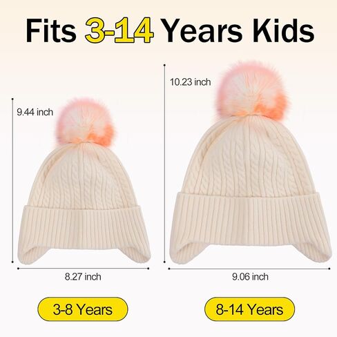 ACTLATI Kids متماسكة الملونة بوم بوم قبعة صغيرة مع غطاء للأذن للفتيات الفتيان الشتاء الخريف محبوك مكبل تزلج الجمجمة قبعة العمر 3-14 in Saudi Arabia