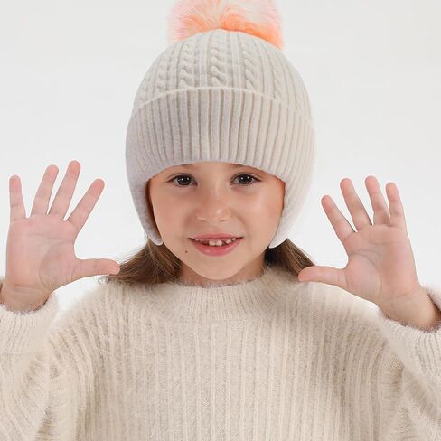 ACTLATI Kids متماسكة الملونة بوم بوم قبعة صغيرة مع غطاء للأذن للفتيات الفتيان الشتاء الخريف محبوك مكبل تزلج الجمجمة قبعة العمر 3-14 in Saudi Arabia