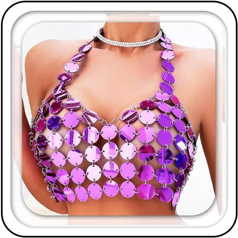 Aukmla Women Sparkly Sequin Chain Bra Top Purple Sleeveless Halter Dot Chainmail Crop Tops Beach Nightclub Bikini Body Chains in Saudi Arabia