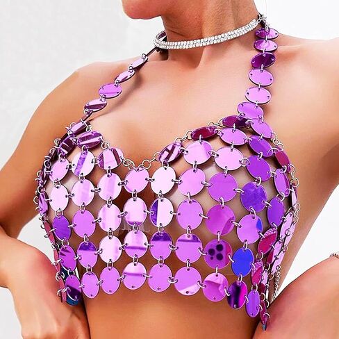 Aukmla Women Sparkly Sequin Chain Bra Top Purple Sleeveless Halter Dot Chainmail Crop Tops Beach Nightclub Bikini Body Chains in Saudi Arabia