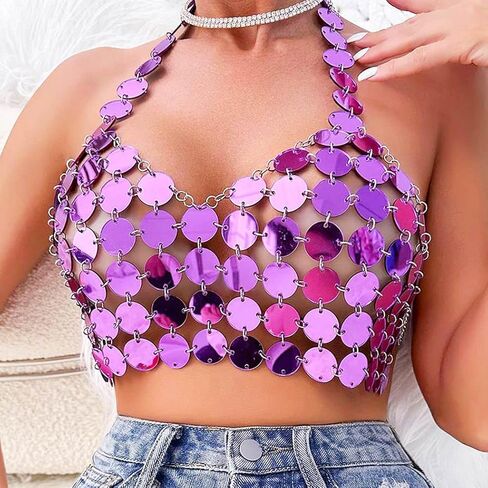 Aukmla Women Sparkly Sequin Chain Bra Top Purple Sleeveless Halter Dot Chainmail Crop Tops Beach Nightclub Bikini Body Chains in Saudi Arabia