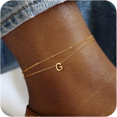 Turandoss Initial Ankle Bracelets for Women Trendy - 14K Gold Plated Layered Bead Chain Ankle Bracelet Initial Ankle Bracelets Dainty Gold Initial Ankle Bracelets for Women Jewelry Gifts Waterproof in Kuwait