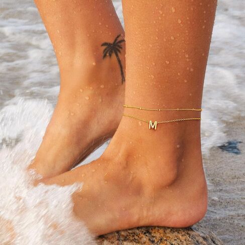 Turandoss Initial Ankle Bracelets for Women Trendy - 14K Gold Plated Layered Bead Chain Ankle Bracelet Initial Ankle Bracelets Dainty Gold Initial Ankle Bracelets for Women Jewelry Gifts Waterproof in Kuwait