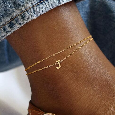 Turandoss Initial Ankle Bracelets for Women Trendy - 14K Gold Plated Layered Bead Chain Ankle Bracelet Initial Ankle Bracelets Dainty Gold Initial Ankle Bracelets for Women Jewelry Gifts Waterproof in Kuwait