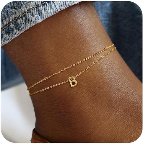 Turandoss Initial Ankle Bracelets for Women Trendy - 14K Gold Plated Layered Bead Chain Ankle Bracelet Initial Ankle Bracelets Dainty Gold Initial Ankle Bracelets for Women Jewelry Gifts Waterproof in Kuwait