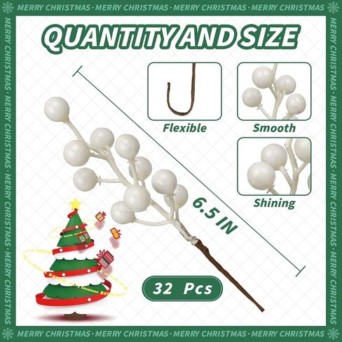 32 Pack Christmas Picks Artificial Christmas Tree Berries 6.5 Inch Holly Berry Stems for Winter Xmas Holiday DIY Ornaments（Silvery） in Kuwait