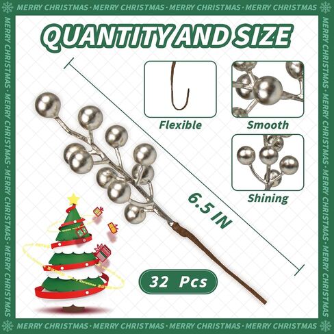 32 Pack Christmas Picks Artificial Christmas Tree Berries 6.5 Inch Holly Berry Stems for Winter Xmas Holiday DIY Ornaments（Silvery） in Kuwait