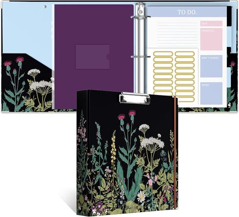3 Ring Binder, 2 Inches Round Ring Binder with Clipboard, Dividers Tabs, PVC Zipper Bag Sleeves & to Do List Planners, Decorative Binder for Women, Men, School, Office Supplies, Wild flower in Saudi Arabia