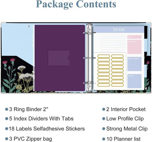 3 Ring Binder, 2 Inches Round Ring Binder with Clipboard, Dividers Tabs, PVC Zipper Bag Sleeves & to Do List Planners, Decorative Binder for Women, Men, School, Office Supplies, Wild flower in Saudi Arabia