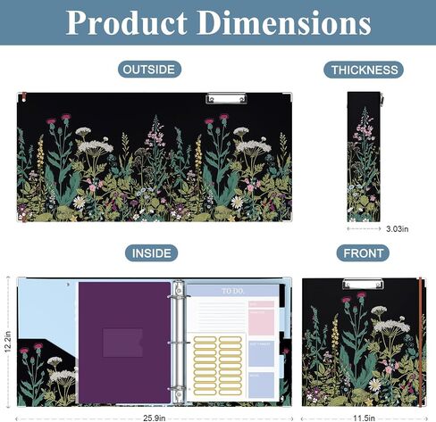 3 Ring Binder, 2 Inches Round Ring Binder with Clipboard, Dividers Tabs, PVC Zipper Bag Sleeves & to Do List Planners, Decorative Binder for Women, Men, School, Office Supplies, Wild flower in Saudi Arabia