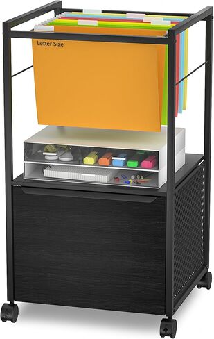 VECELO Multifunctional Mobile File Organizer with Hanging Folders and Storage Drawer, Vertical Filing Cabinet for Home and Office, Black in Saudi Arabia