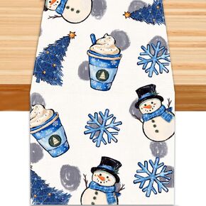 Winter Table Runner, Christmas Cute Blue Snowman Ice Cream Snowflake Xmas Tree Decorative Winter Seasonal Table Runner for Farmhouse Kitchen Dining Indoor Home Party Decorations 13x72 inches