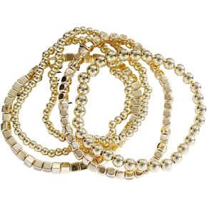 Gold Beaded Bracelets Adjusatable 14K Gold Plated Stackable Bracelets Stretch Bead Ball Bracelet Set for Women 3MM 4MM 6MM 8MM Beads Jewelry