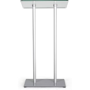 M&T Displays Tempered Clear Glass Conference Podium Stand Silver Aluminum Body and Base 43.9 Inch Height Floor Standing Lectern Pulpit Desk for Classroom Church