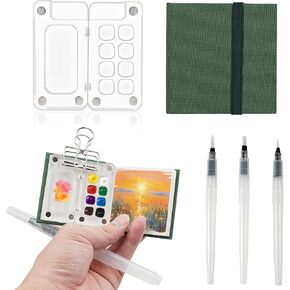 Mini Portable Watercolor Palette Set Clear Acrylic Grid Paint Box with Clip Watercolor Sketch Book Watercolor Brush Pens Set for Travel Painters Artists Thanksgiving (15 Grids)