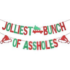 Gold Glittery Jolliest Bunch Of Assholes Banner- Christmas Party Decorations,Christmas Vacation Party Decorations, Ugly Christmas Sweater Party Decorations, Christmas Decorations for Home Office Fireplace Mantel