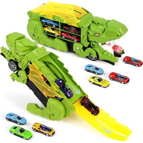 Dinosaur Transport Truck with 6 Racing Cars - Dinosaur Truck with Foldable Sliding Ramp - Dino Birthday Gift Toys for 3 4 5+ Year Old Boy - Toddler & Kids.