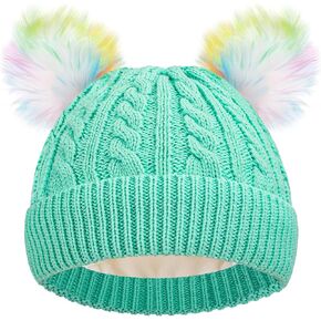 Kids Winter Knit Beanie Hat Children's Thick Warm Fleece Lined Hat with Pompom for Girls Ages 7-14