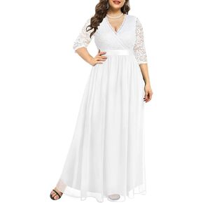 Pinup Fashion Wedding Dresses for Bride Plus Size - Formal Evening Gown Wrap Neck Lace Chiffon Long Dress