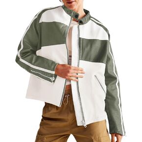 Tankaneo Womens Faux Leather Jackets Casual Oversized Zip Up Color Block Motorcycle Biker PU Coats