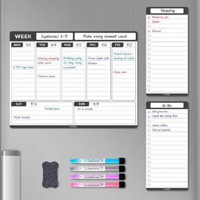 Magnetic Weekly Calendar Whiteboard for Fridge, Refrigerator Dry Erase Weekly White Board, Includes Magnetic Weekly Planner for Fridge with 2 List Boards, 4 Markers + Eraser