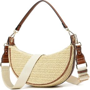 Women Straw Woven Shoulder Bag Crescent Shoulder Purse Small Crossbody Bag Hobo Dumpling Bag Casual Shoulder Handbags