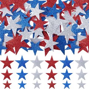 50pcs Glitter Star Foam Stickers, Patriotic Foam Star Sticker, Self-Adhesive Small Stars Decals Decoration for Independence Day Greeting Cards Handmade Decors- Red & Blue & Silver