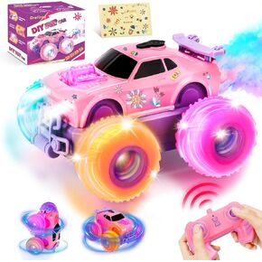 Remote Control Car for Girl, Pink Princess RC Stunt Car with Flashing Light, Spray, 360 Rotation & Drive Upright, Toy Gift for Girl Ages 6-12 with DIY Stickers for Birthday