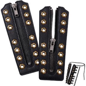 PH PandaHall 2pcs Leather Lace-in Boot Zipper Inserts, 6.3 x 2.2 Inch Black Eyelets Zipper Boot Laces with 7 Non Isometric Holes No Tie Shoe Laces for Tieless Shoe Sneakers Lace Repair, Antique Bronze