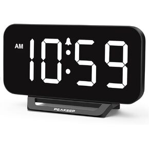 Peakeep Small Digital Alarm Clock for Bedrooms, Loud for Heavy Sleepers Adults, Dimmable Plug in Electric Large Numbers Clock Battery Backup, Slim Clock for Table Office Modern Living Room (BW)