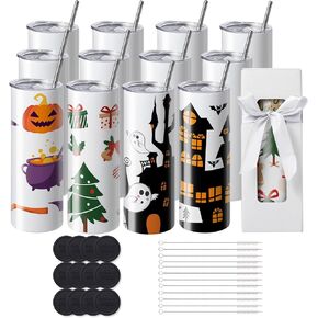 VEVOR 24 Pack Sublimation Tumblers 20oz Skinny Straight, Stainless Steel Sublimation Tumblers Blank, Stainless Steel Double Wall Tumbler for Heat Transfer Customized Gifts with Lid and Straw, Gift Box