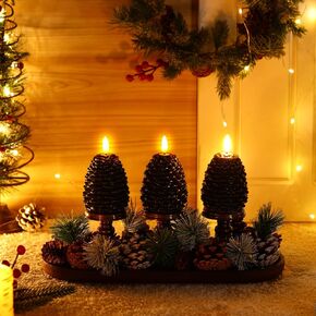 VIHOSE 29 Pcs Christmas Tabletop Centerpiece LED Pine Cone Candles Decoration Set, 4 Flameless Battery Operated Pinecone Candles 16 Pinecones 8 Pine Branches Wooden Tray for Xmas Table Decor Gifts